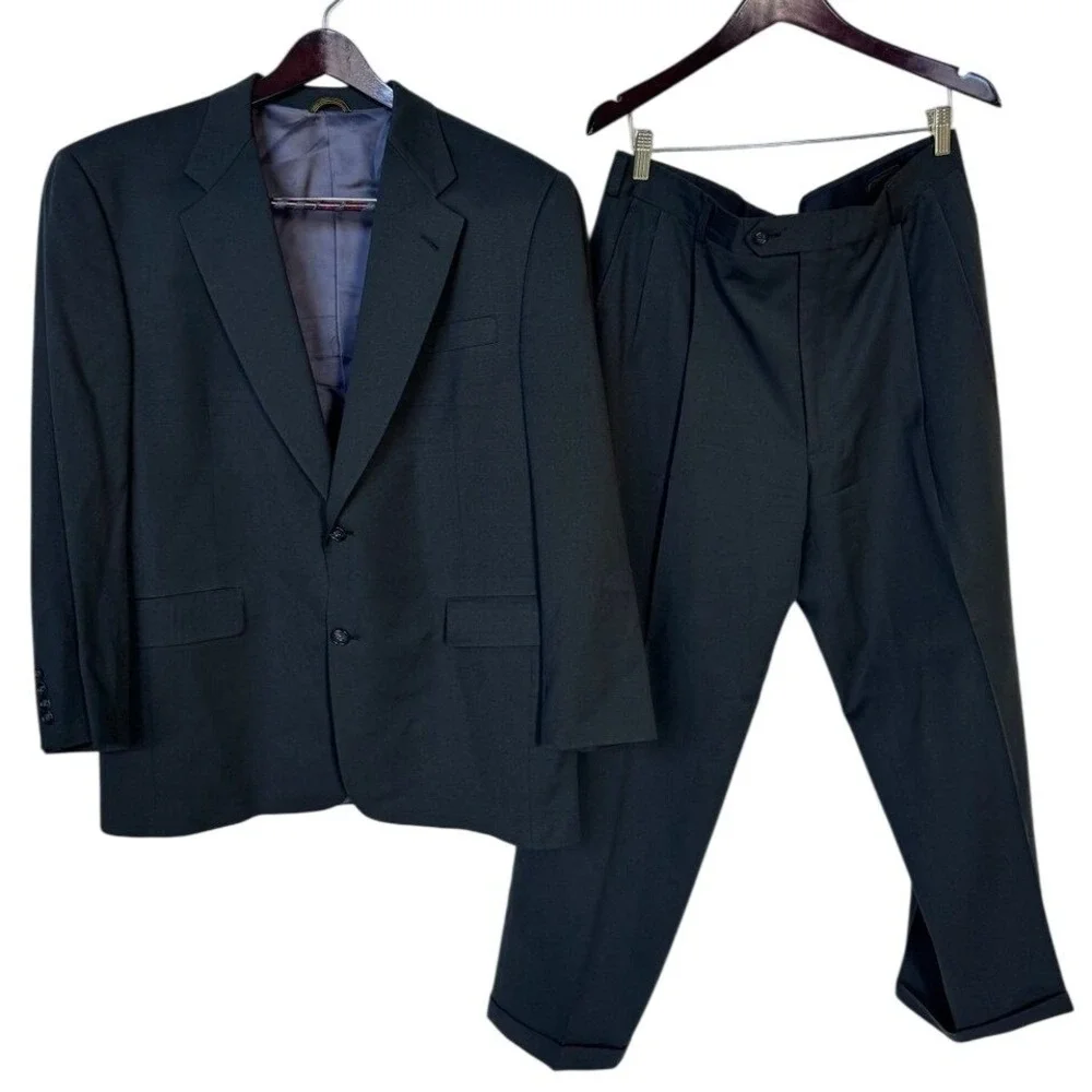 Hart Schaffner Marx Gold Trumpeter 2pc Suit Men 42R 38x30 Dark Green Wool